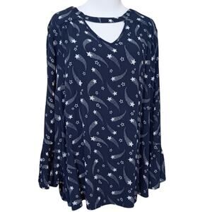 LANE‎ BRYANT Long Tunic Top Blouse Plus 18-2X Flowy Flutter Pockets Stars Blue
